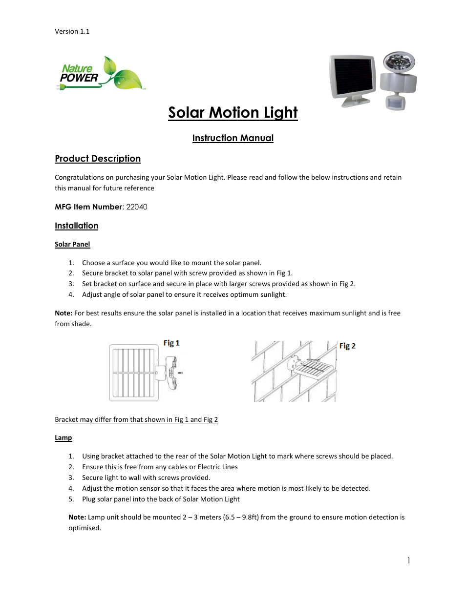 Nature Power Solar Motion Light (22040
) User Manual | 3 pages
