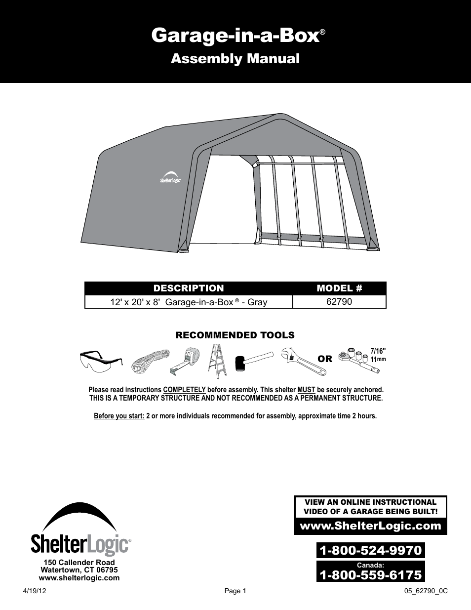 Shelterlogic 62790 12 X 20 X 8 Garage In A Box User Manual 30 Pages