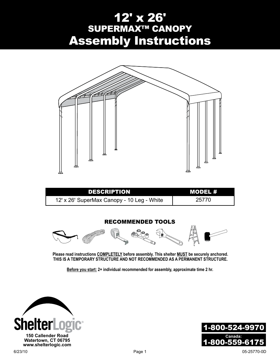 ShelterLogic 29770 12 x 26 Super Max Canopy User Manual ...