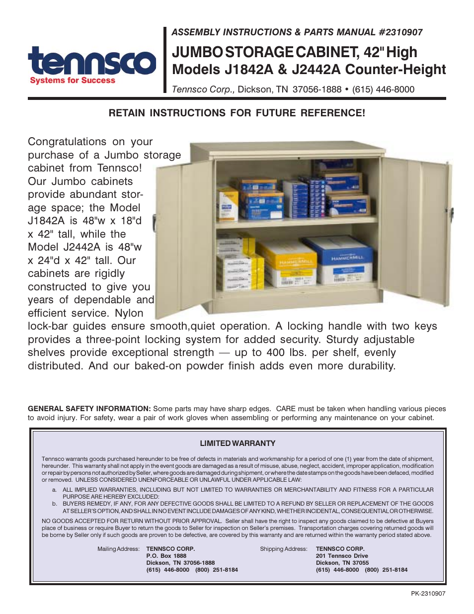 Tennsco J2442a User Manual 4 Pages Also For J1842a