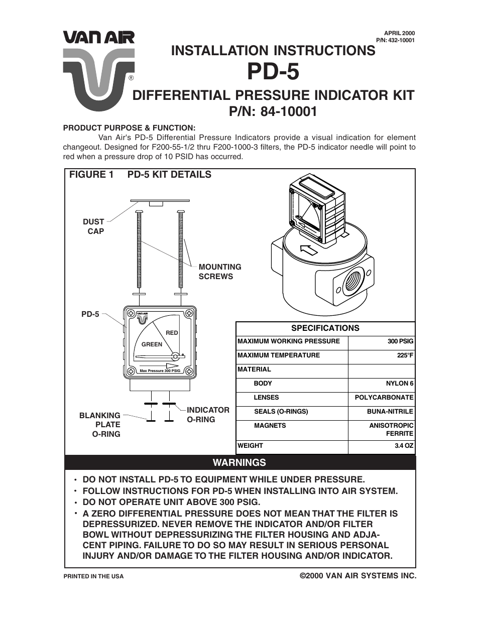 Van Air Systems PD-5 Pressure Differential Gauge Kits User Manual | 2 pages