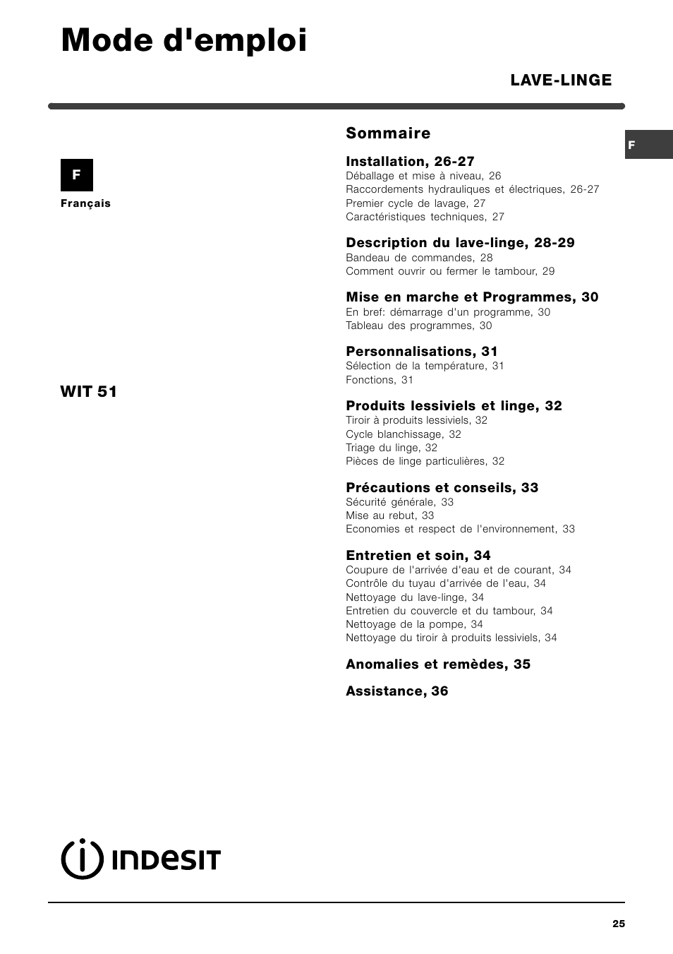 Machine à Laver Indesit Mode D Emploi Mode d'emploi, Sommaire, Lave-linge wit 51 | Indesit WIT 51 User Manual |  Page 25 / 60 | Original mode