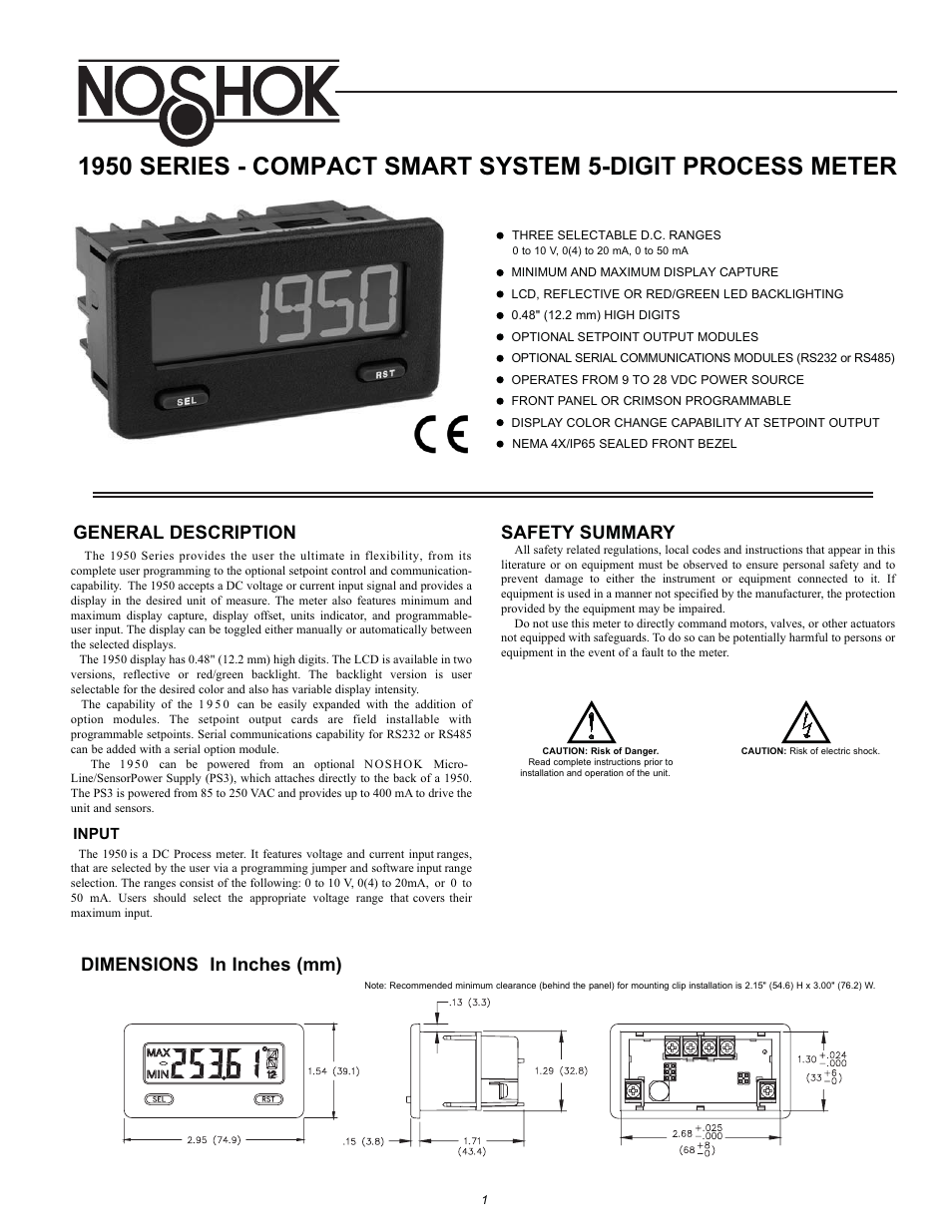 NOSHOK 1950 Series Compact Smart System 5-Digit Process Meter User Manual | 16 pages