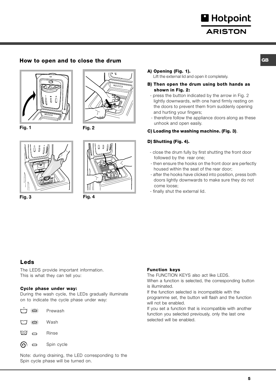 Leds, How open and to the drum Hotpoint Ariston AVTL 104 User Manual | Page 5 / 60 | Original mode