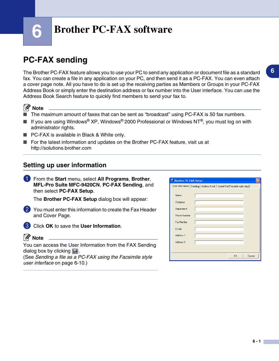 6 Brother Pc Fax Software Pc Fax Sending Setting Up User Information Brother Mfc 9420cn User Manual Page 75 145