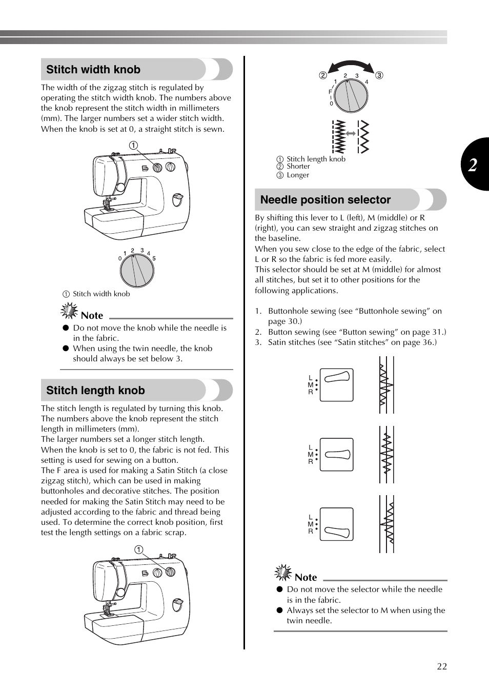 Stitch Width Knob Stitch Length Knob Needle Position Selector Brother Ls2350 User Manual Page 23 96