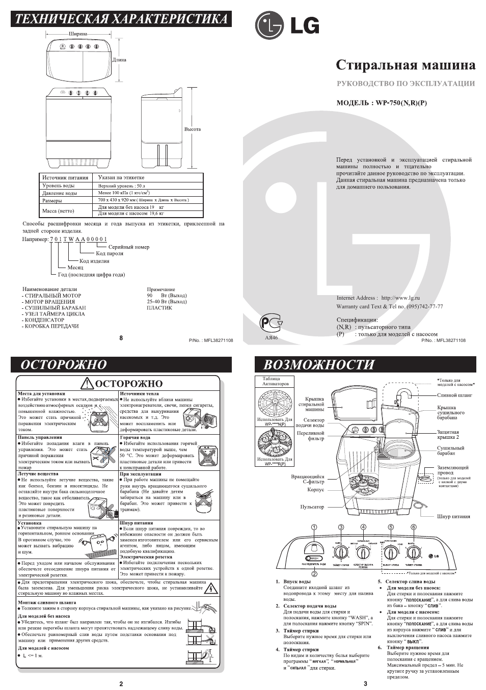 LG WP-750 User Manual | 2 pages