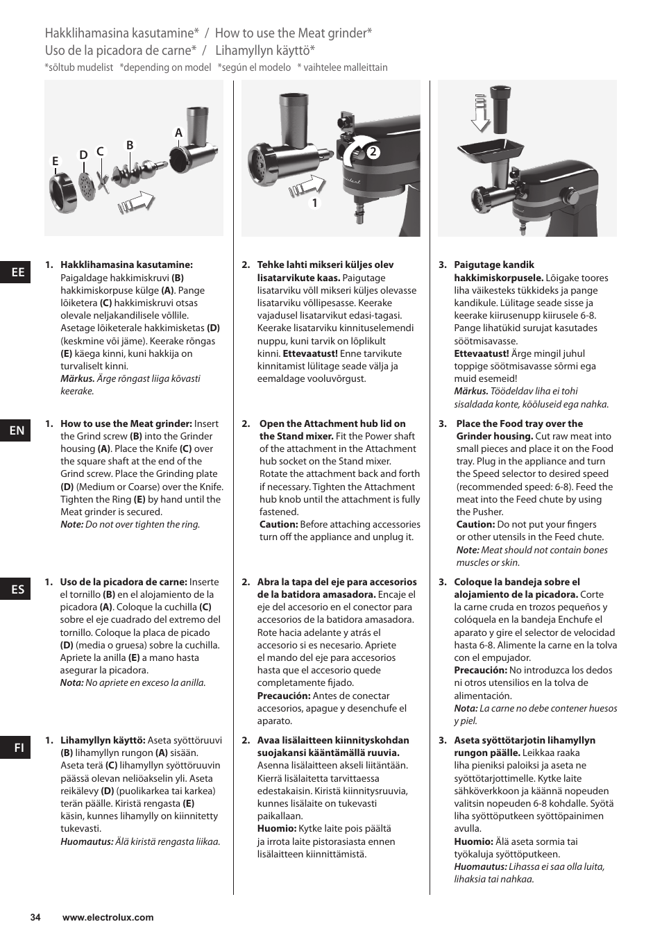 Lihamyllyn käyttö, de la de carne, How to use meat grinder | Electrolux EKM4000 User Manual | Page 34 / 140 Original mode