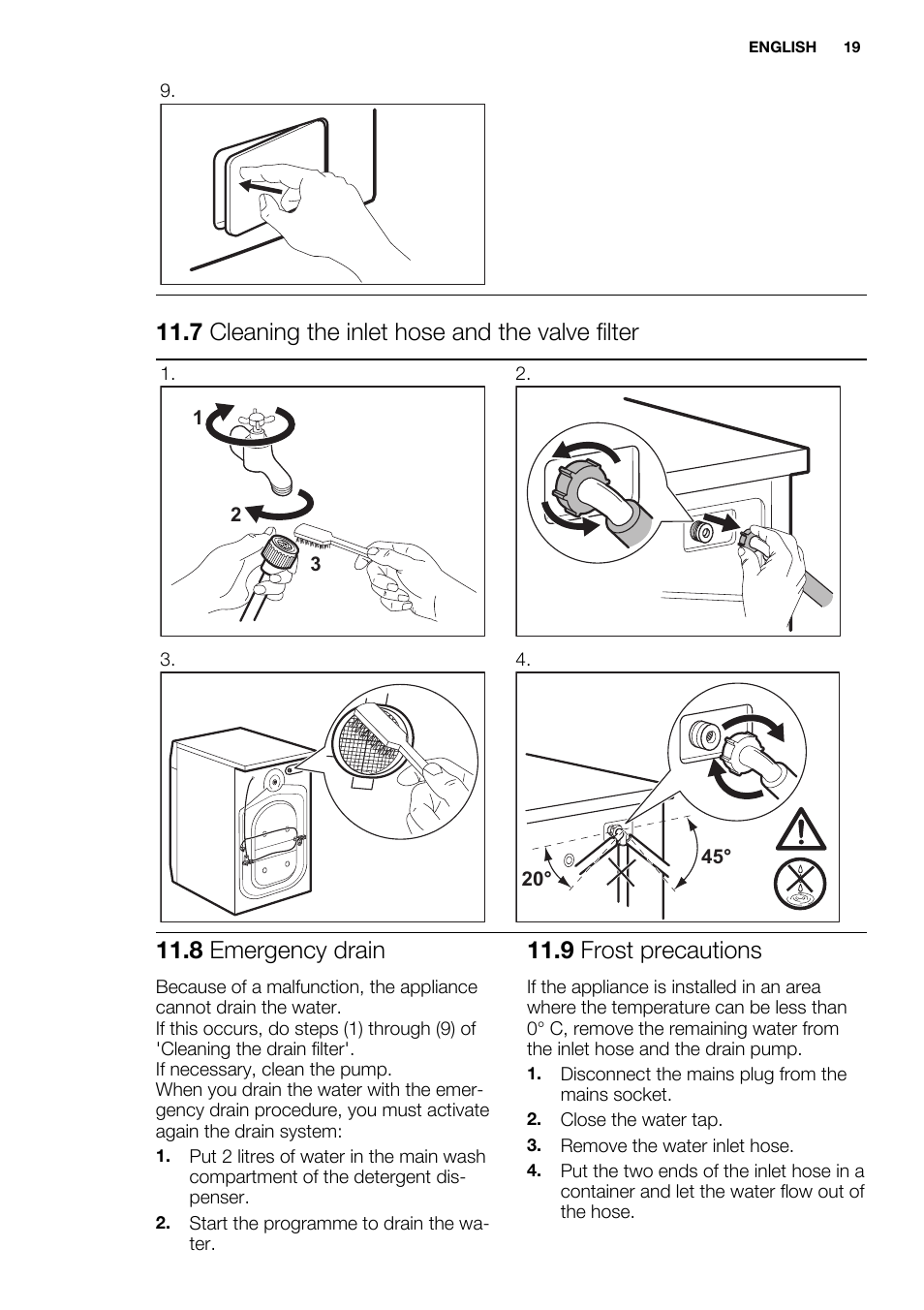 weight winner hit 7 cleaning the inlet hose and the valve filter, 8 emergency drain, 9 frost  precautions | Electrolux EWF1476GDW User Manual | Page 19 / 48