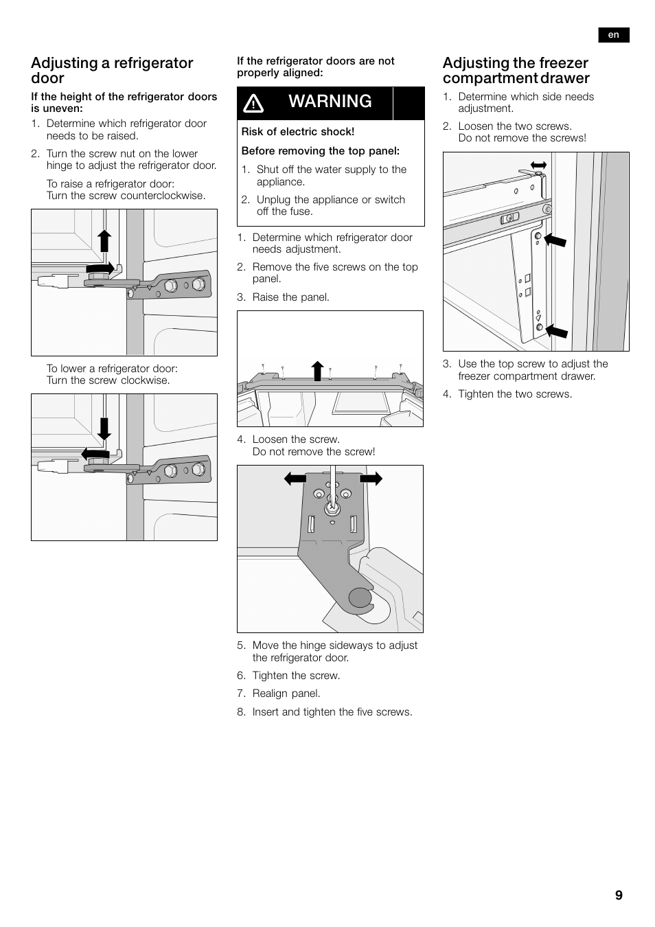 Warning Adjusting A Refrigerator Door Adjusting The Freezer Compartment Drawer Bosch B26ft70sns User Manual Page 9 81
