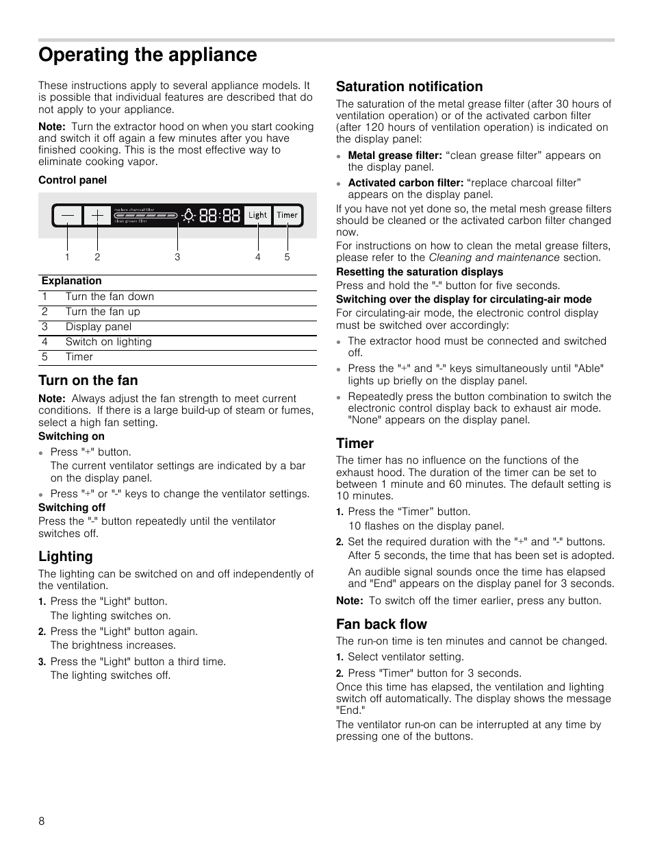 Operating The Appliance Note Control Panel Bosch Hcp30651uc