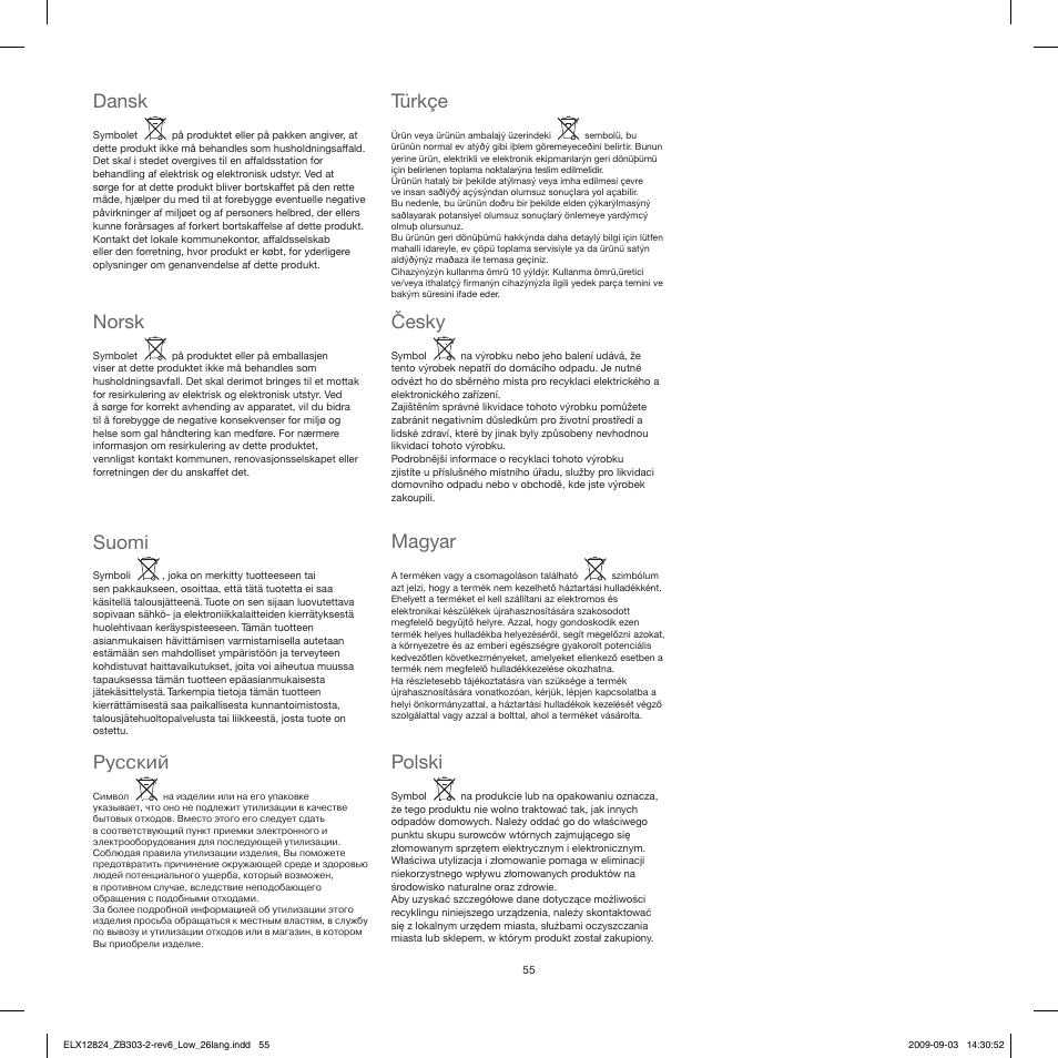 Dansk, Norsk, Suomi | Electrolux ZB3103 User Manual | Page 55 / 60 |  Original mode