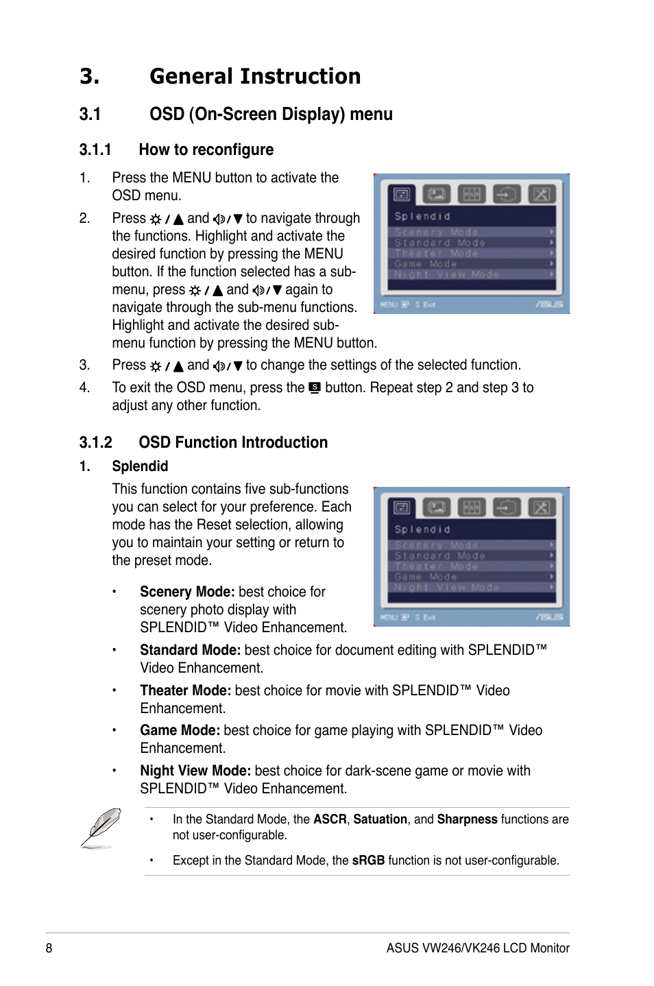 General Instruction 1 Osd On Screen Display Menu General Instruction 3 1 Asus Vw246h User Manual Page 16 22