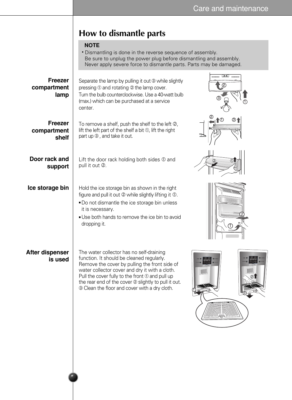 How to dismantle parts, Care and maintenance | LG GR-L227YLQA User Manual | Page 20 / 132
