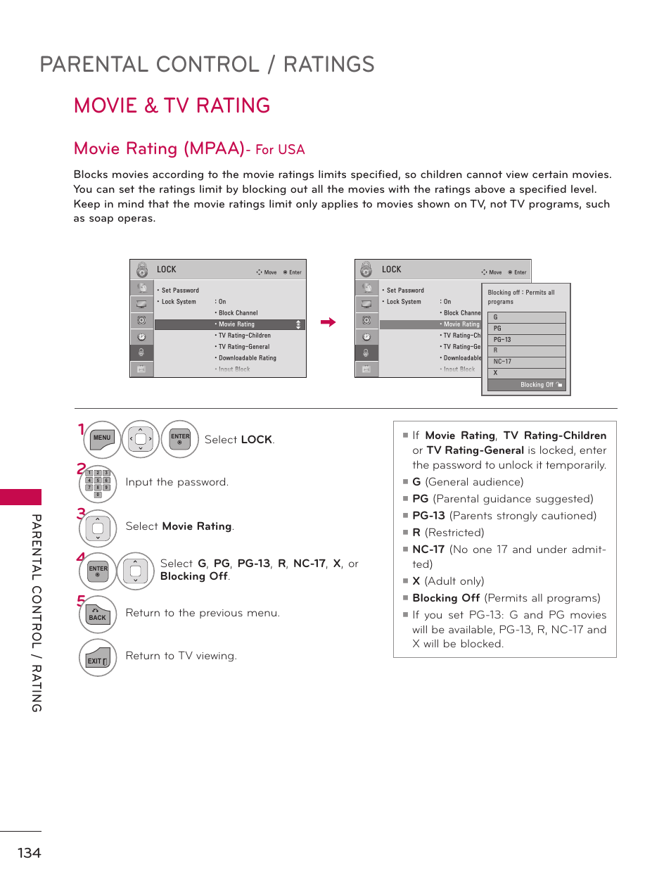 Parental Control Ratings Movie Tv Rating Movie Rating Mpaa Lg 37ld450 User Manual Page 134 172 Original Mode