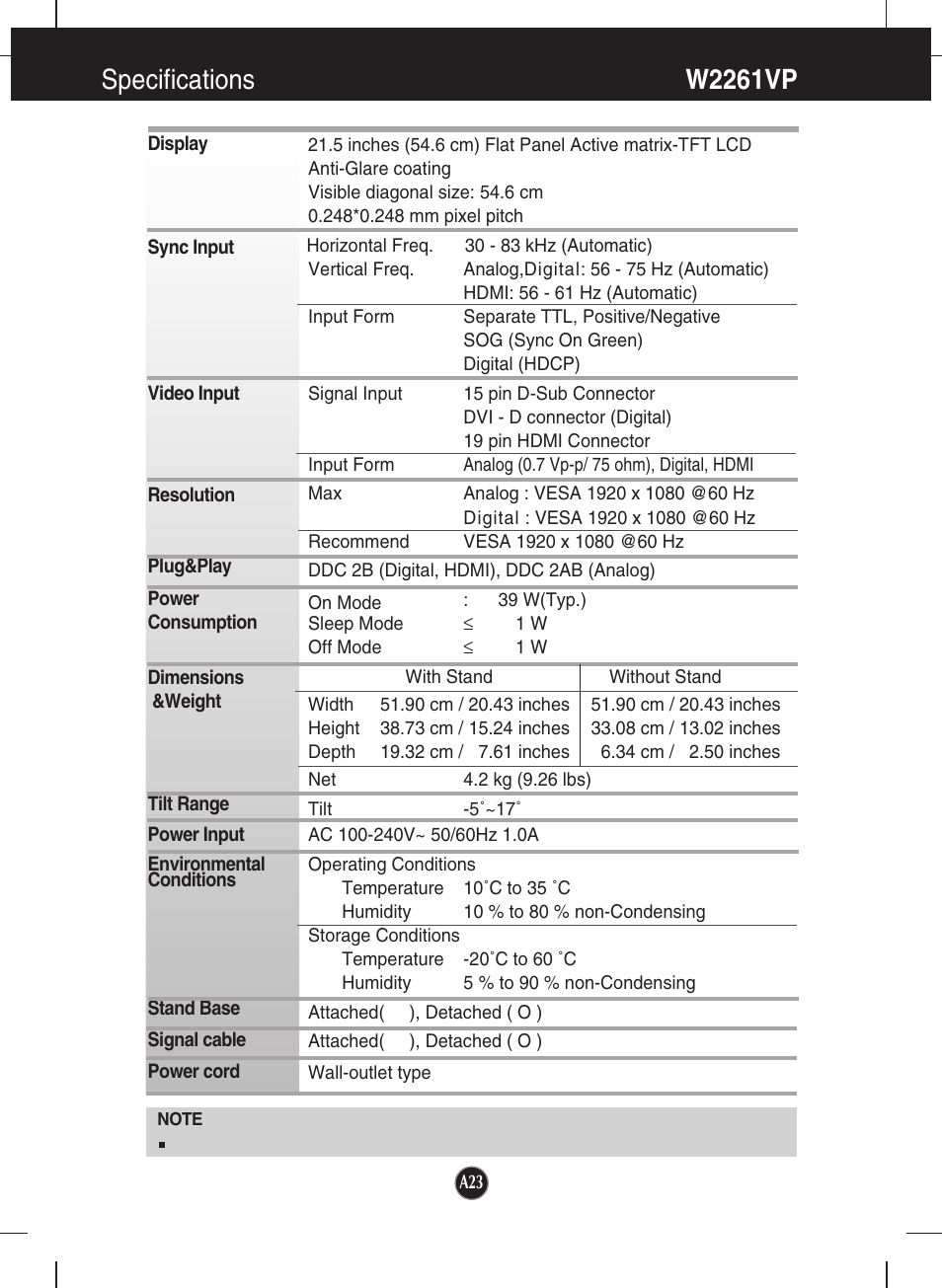 Specifications, W2261vp, Specifications w2261vp | LG W2361V-PF User Manual | Page 24 / 29