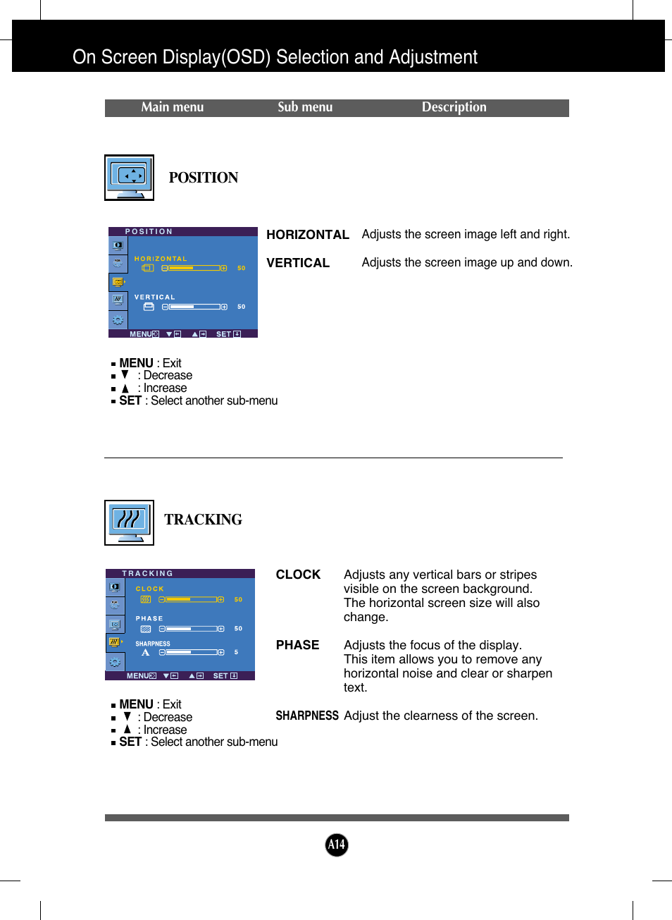 Position, Tracking, On screen display(osd) selection and adjustment | LG L192WS-SN User Manual | Page 15 / 24