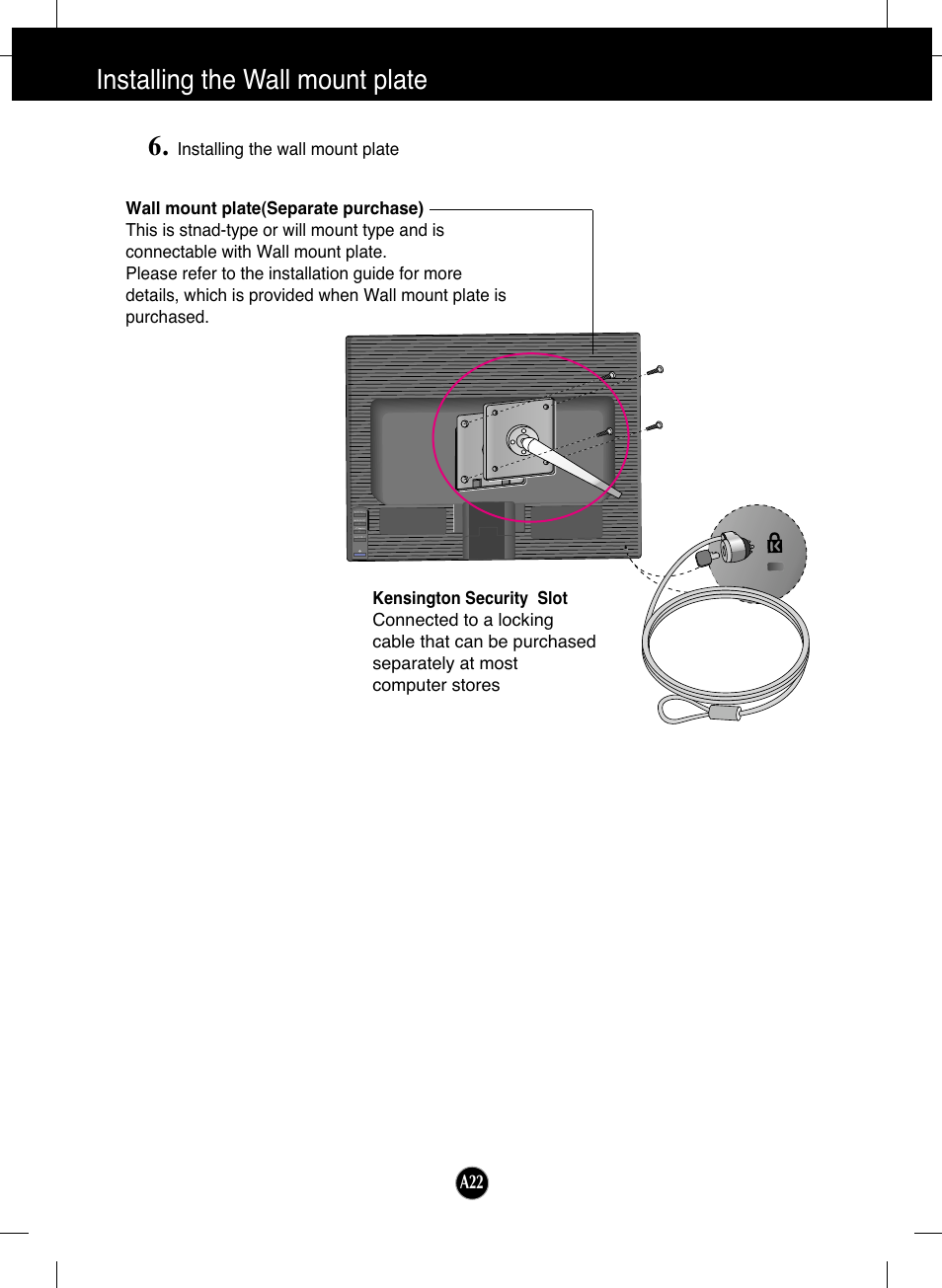 Installing the wall mount plate | LG L192WS-SN User Manual | Page 23 / 24