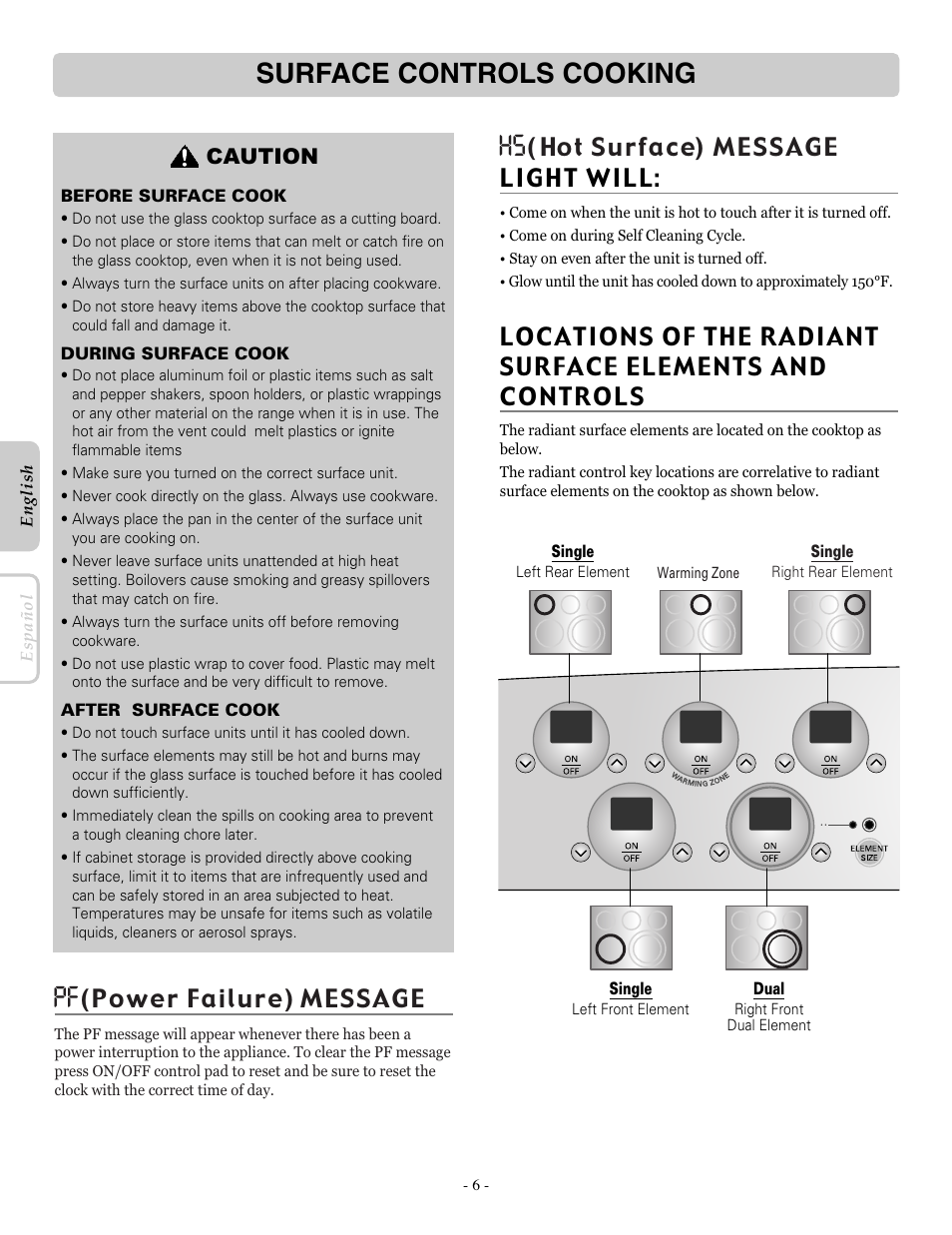 Surface controls cooking, Caution | LG LRE30755SW User Manual | Page 6 / 36