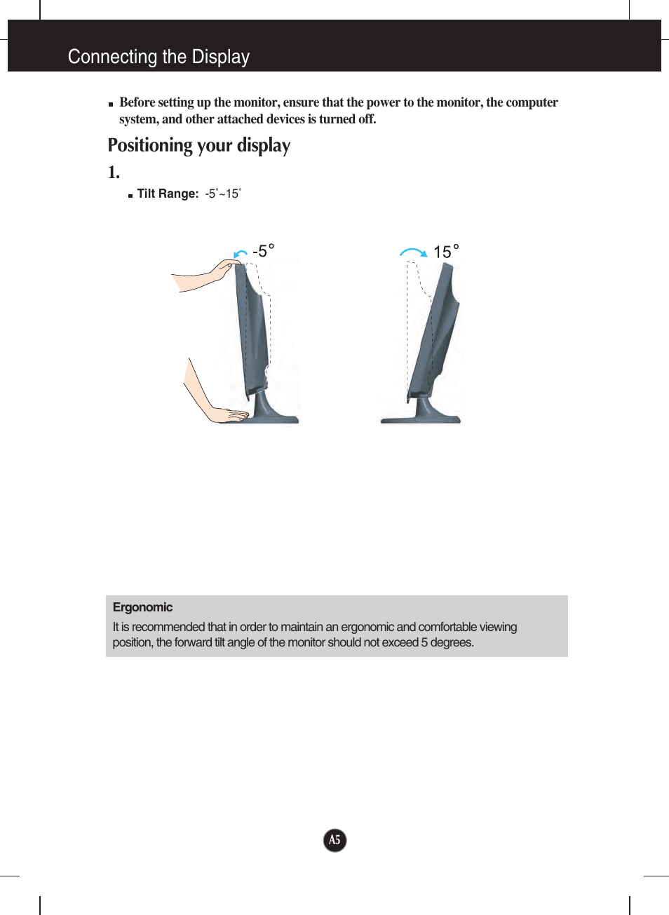 Positioning your display, Connecting the display | LG W2353V-PF User Manual | Page 6 / 28
