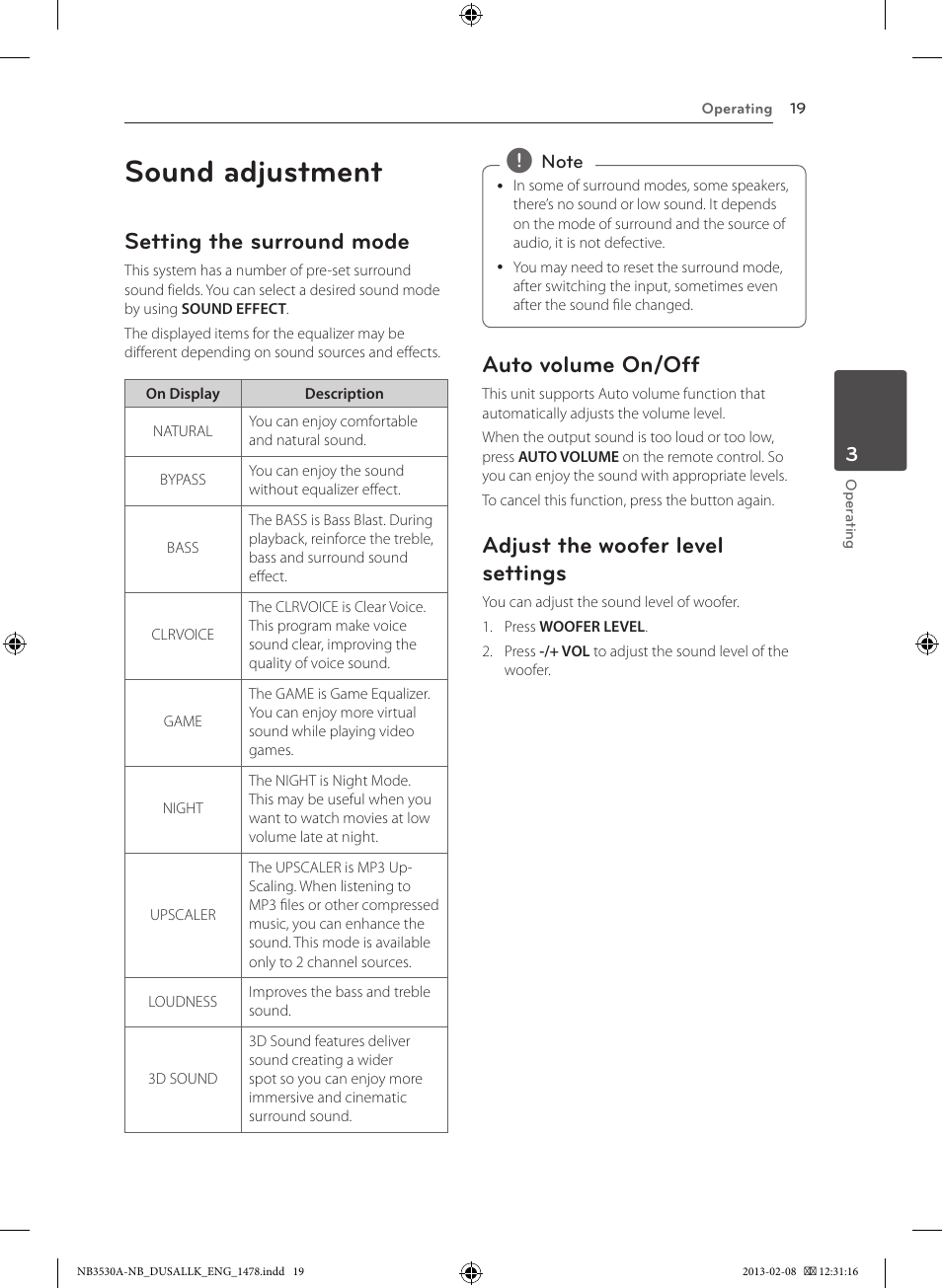 Sound adjustment, Setting the surround mode, Auto volume on/off | LG