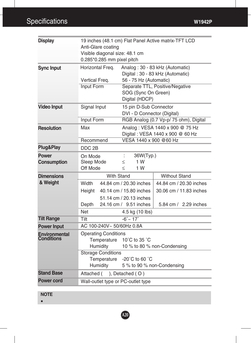 Specifications, W1942p | LG W2242P-BS User Manual | Page 21 / 26