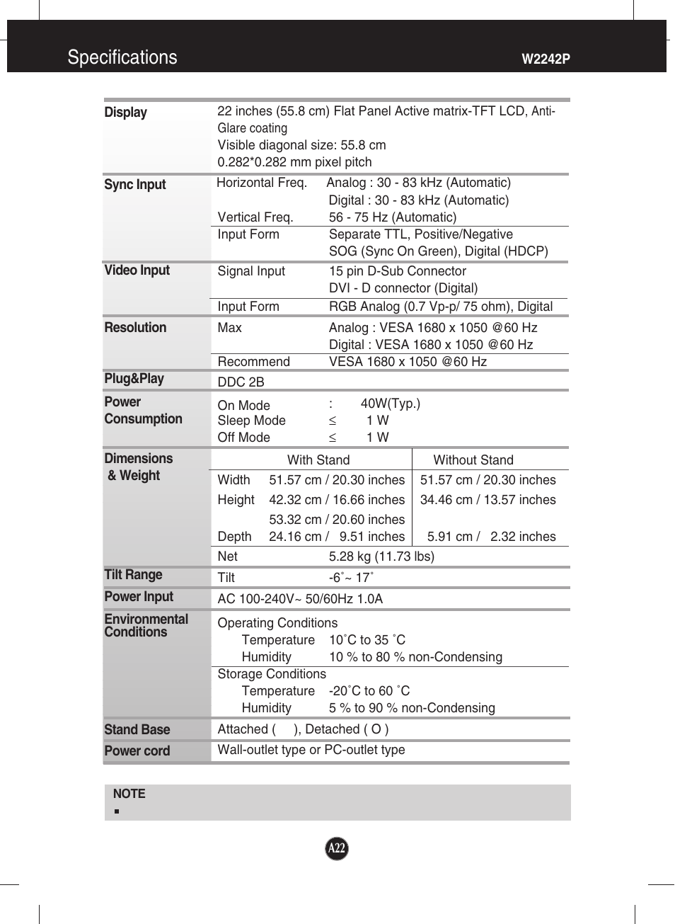 W2242p, Specifications | LG W2242P-BS User Manual | Page 23 / 26