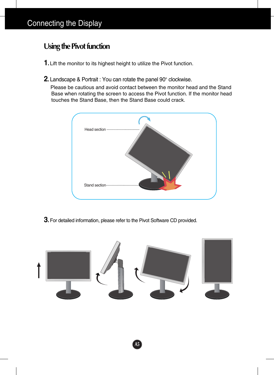Using the pivot function, Connecting the display | LG W2242P-BS User Manual | Page 6 / 26
