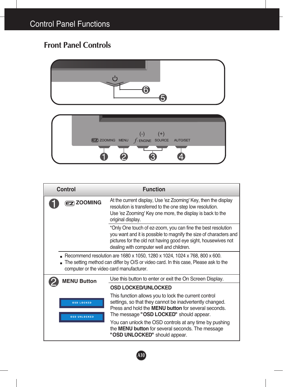 Control panel functions, Front panel controls | LG L226WTQ-WF User Manual | Page 11 / 26