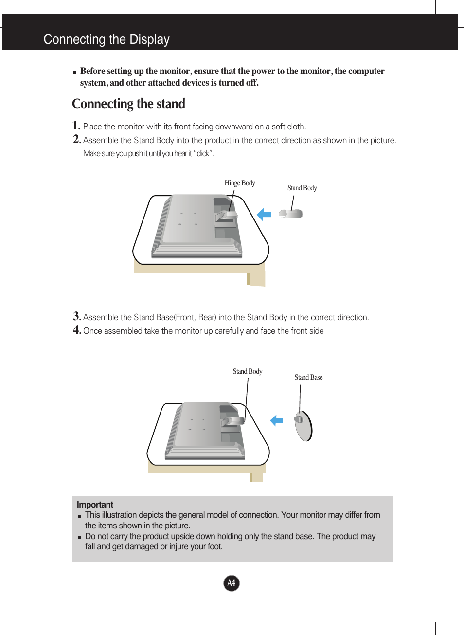 Connecting the display, Connecting the stand | LG L226WTQ-WF User Manual | Page 5 / 26
