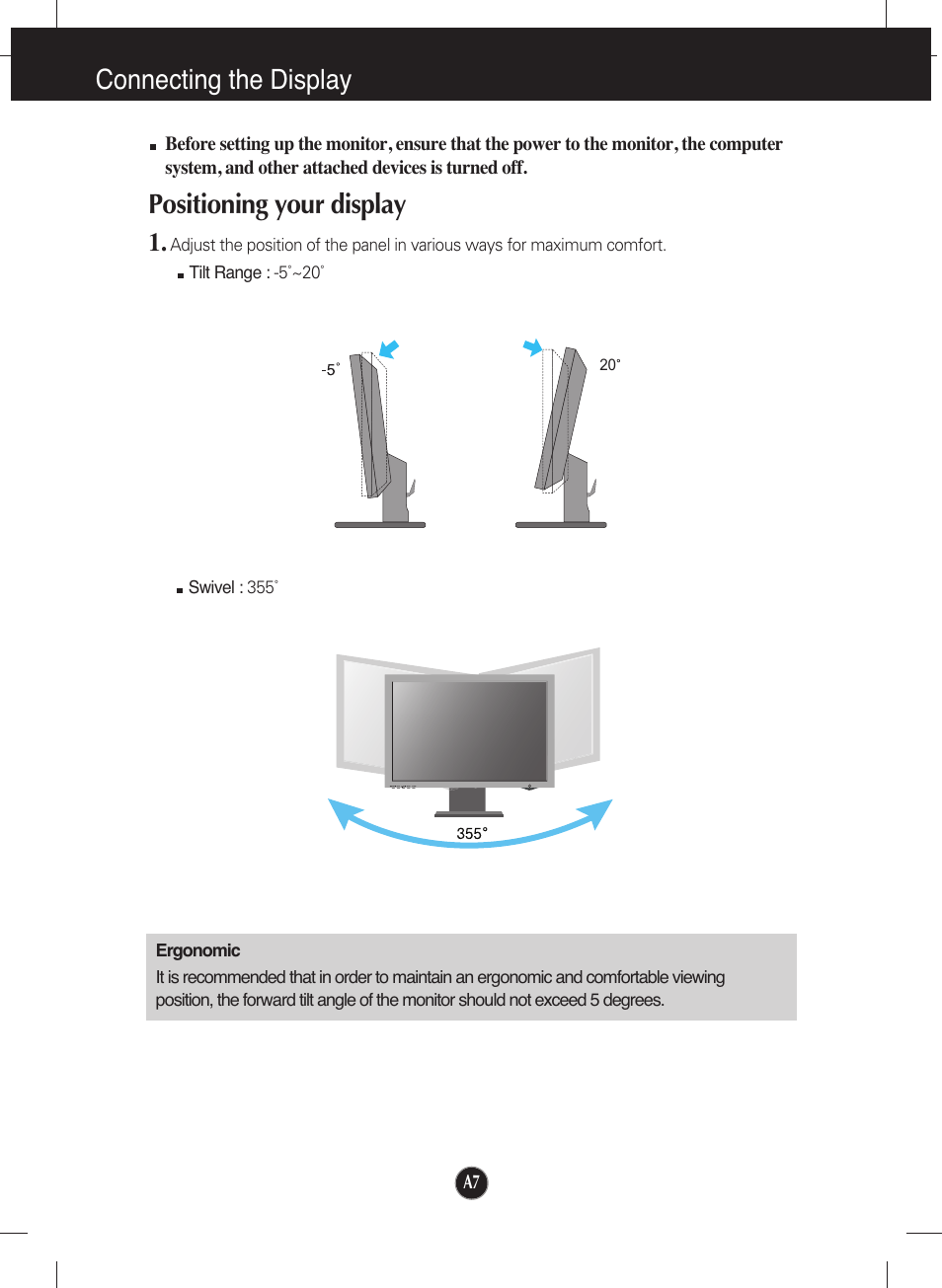 Positioning your display, Connecting the display | LG L226WTQ-WF User Manual | Page 8 / 26
