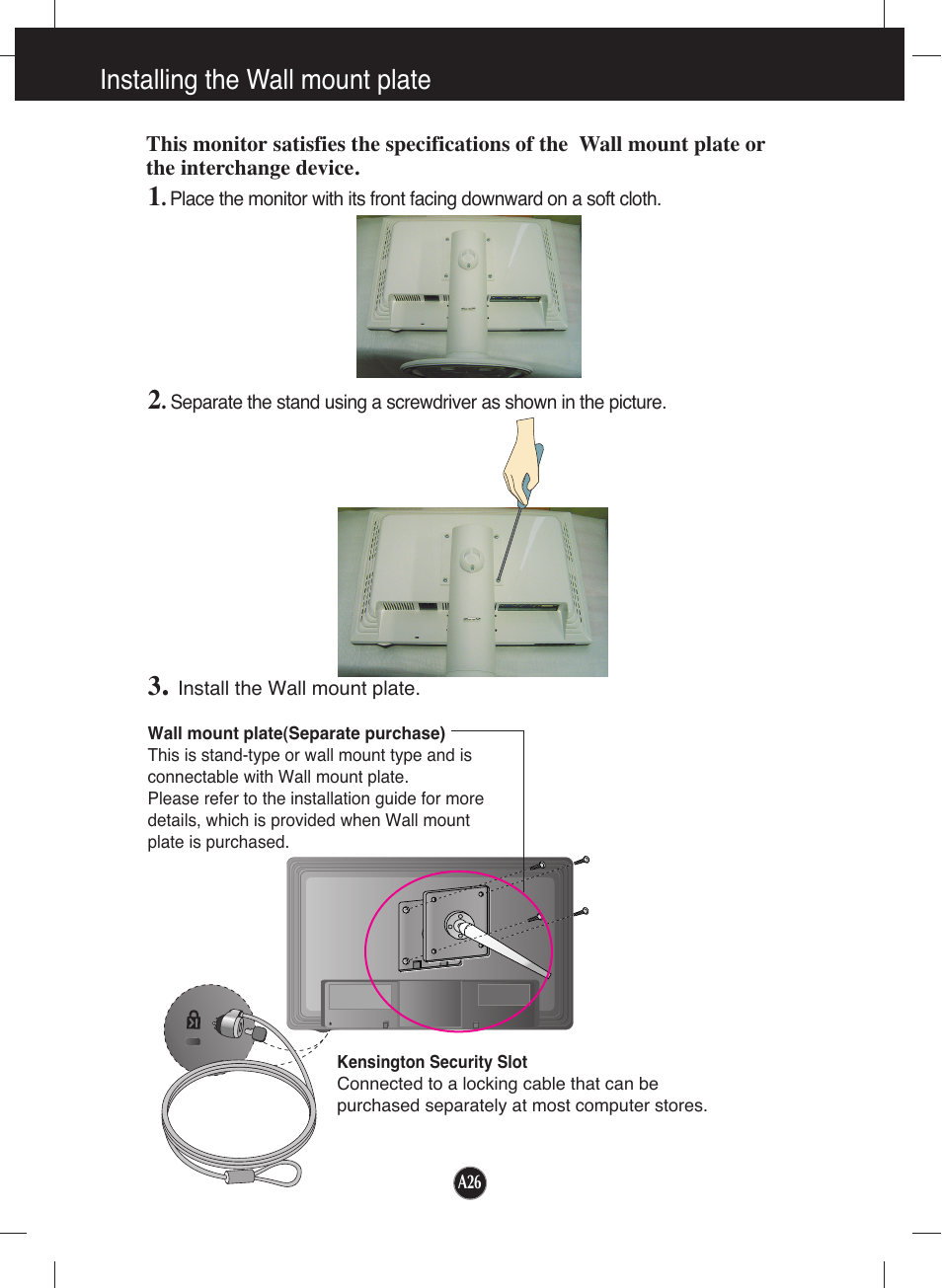 Installing the wall mount plate | LG L226WU-PF User Manual | Page 27 / 28
