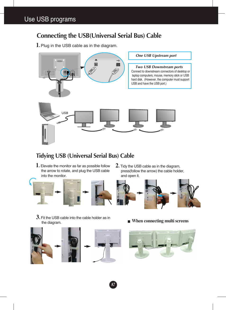 Use usb programs, Connecting the usb(universal serial bus) cable, Tidying usb (universal serial bus) cable | Tidying usb (universal serial bus) cable 3 | LG L226WU-PF User Manual | Page 8 / 28