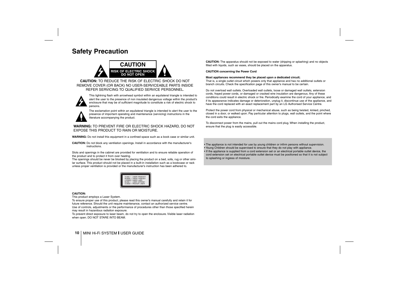 Safety precaution, Caution | LG MCD212 User Manual | Page 10 / 12