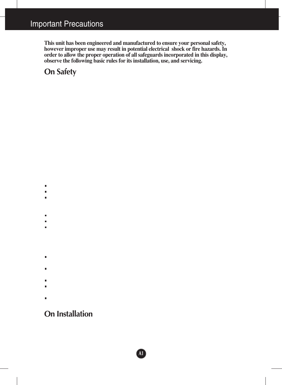 Important precautions, On safety, On installation | LG W2453V-PF User Manual | Page 2 / 26