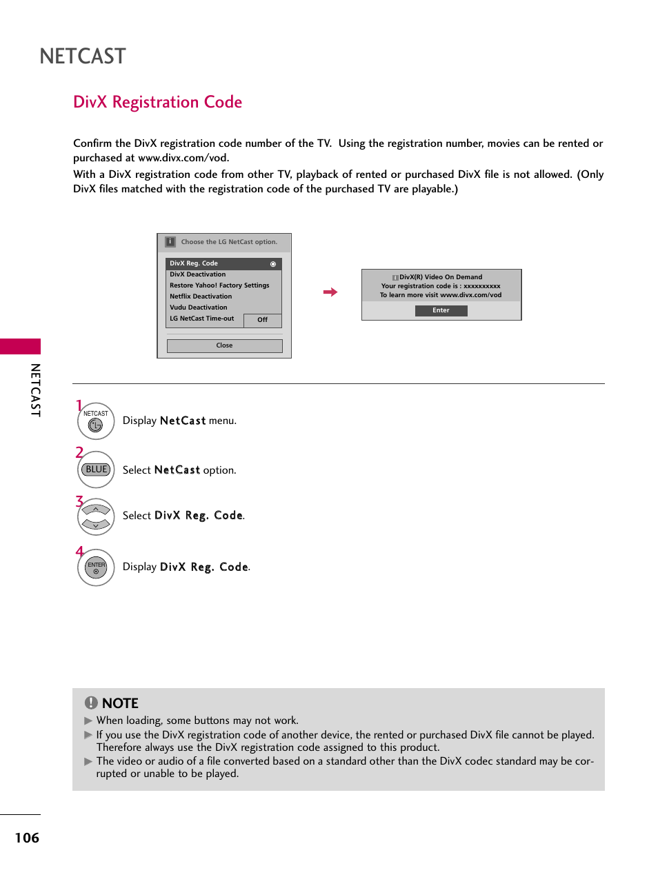 Divx registration code, Netcast, Netcas t LG 50PS80 User Manual Page 107 / 195