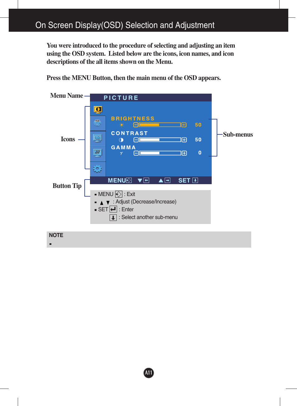 On screen display(osd) selection and adjustment | LG W2234S-BN User Manual | Page 12 / 24