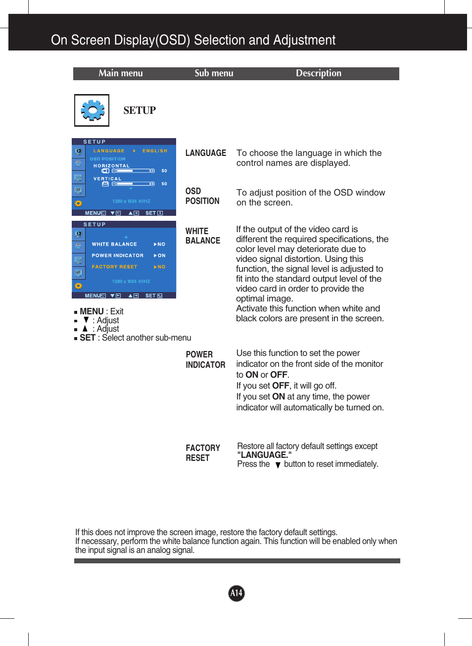 Setup, On screen display(osd) selection and adjustment | LG W2234S-BN User Manual | Page 15 / 24
