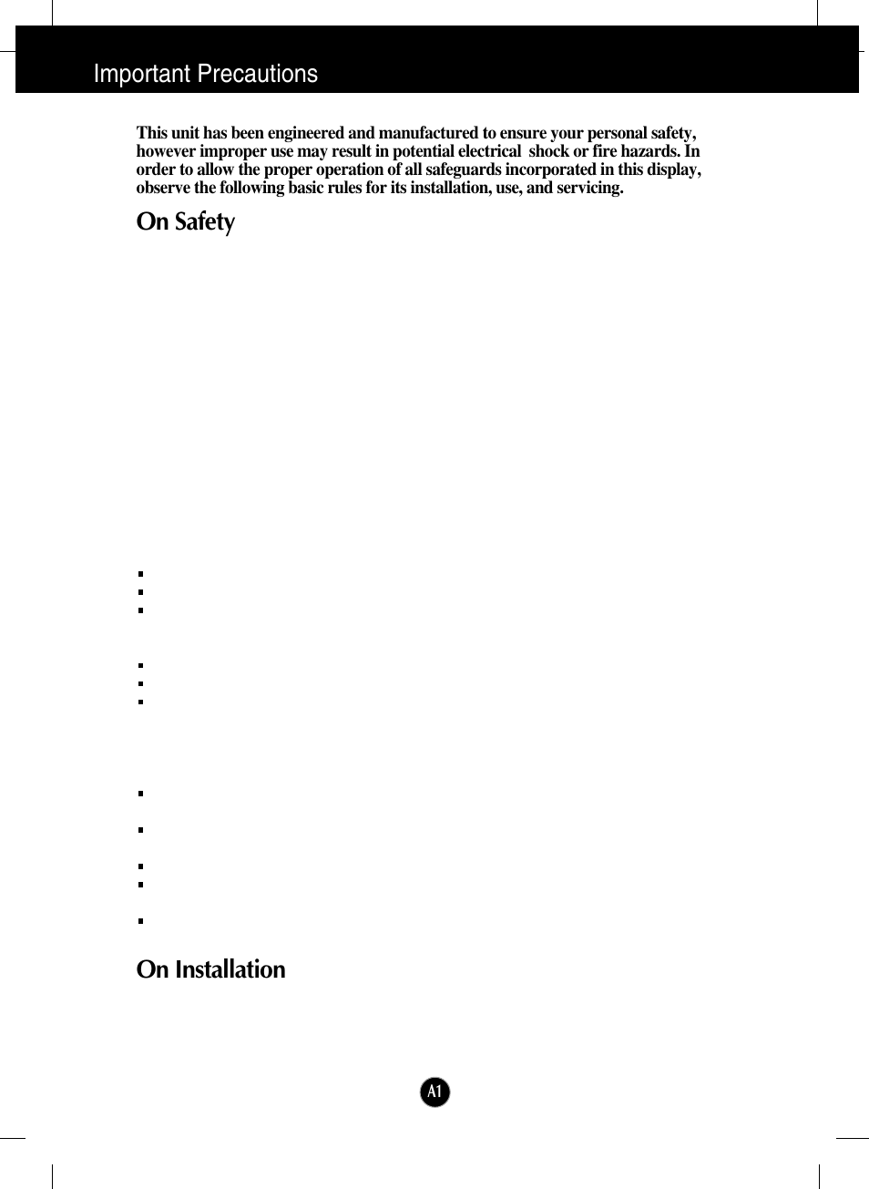 Important precautions, On safety, On installation | LG W2234S-BN User Manual | Page 2 / 24