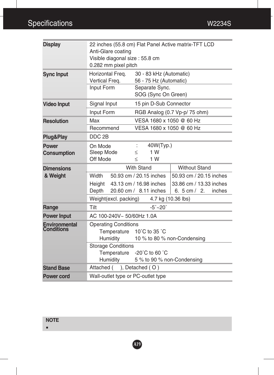 W2234s, Specifications | LG W2234S-BN User Manual | Page 20 / 24