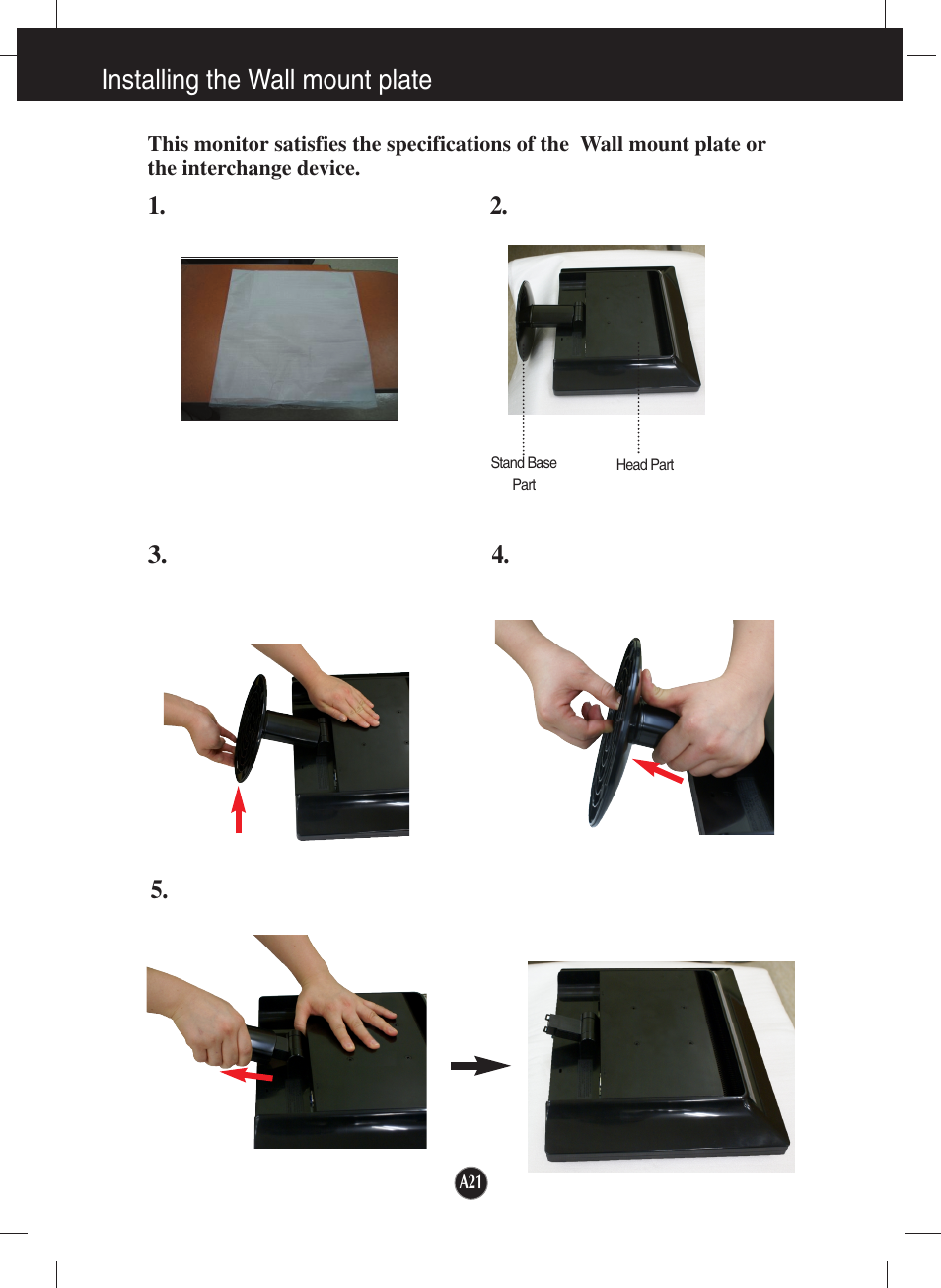 Installing the wall mount plate | LG W2234S-BN User Manual | Page 22 / 24