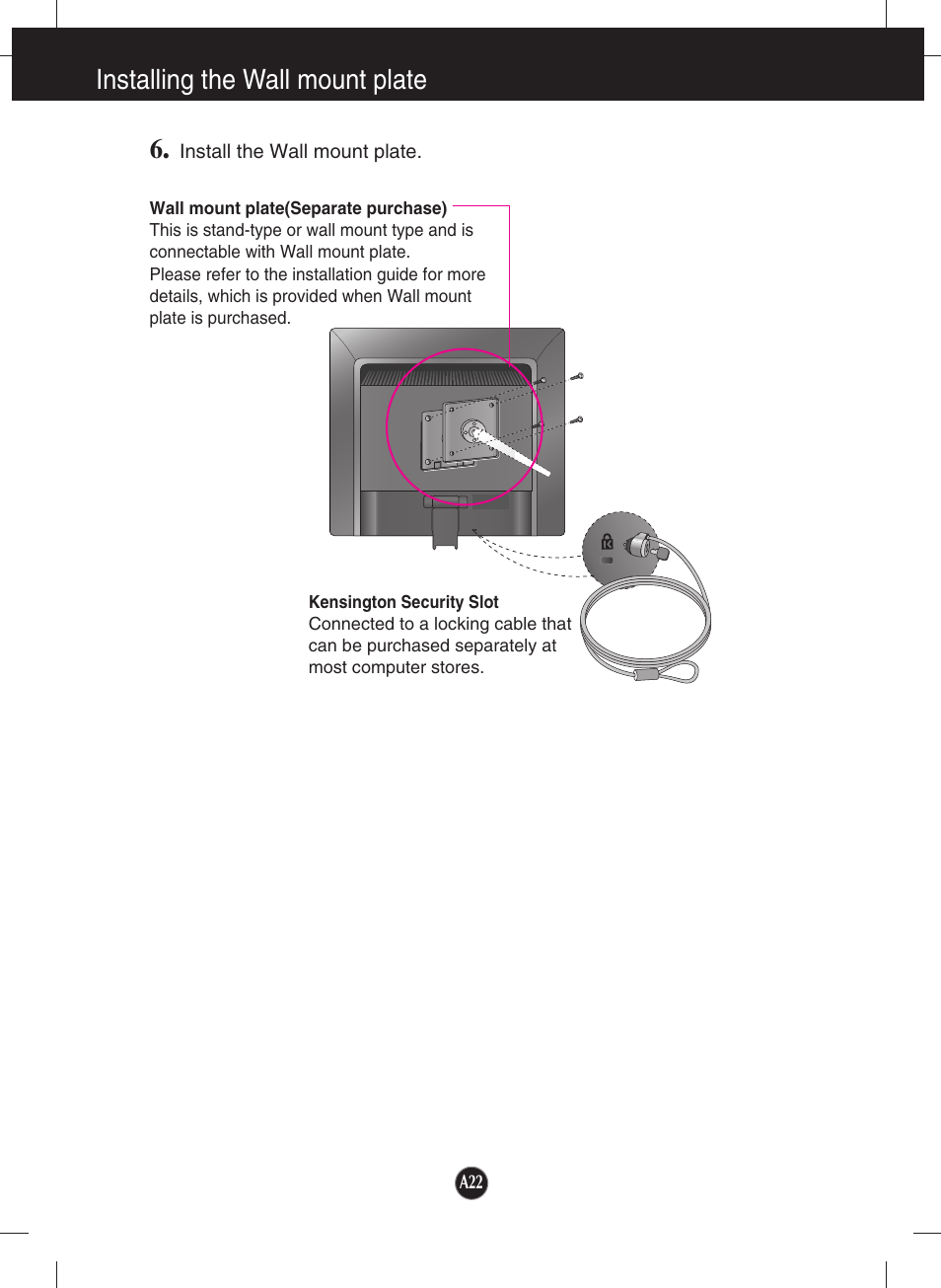 Installing the wall mount plate | LG W2234S-BN User Manual | Page 23 / 24