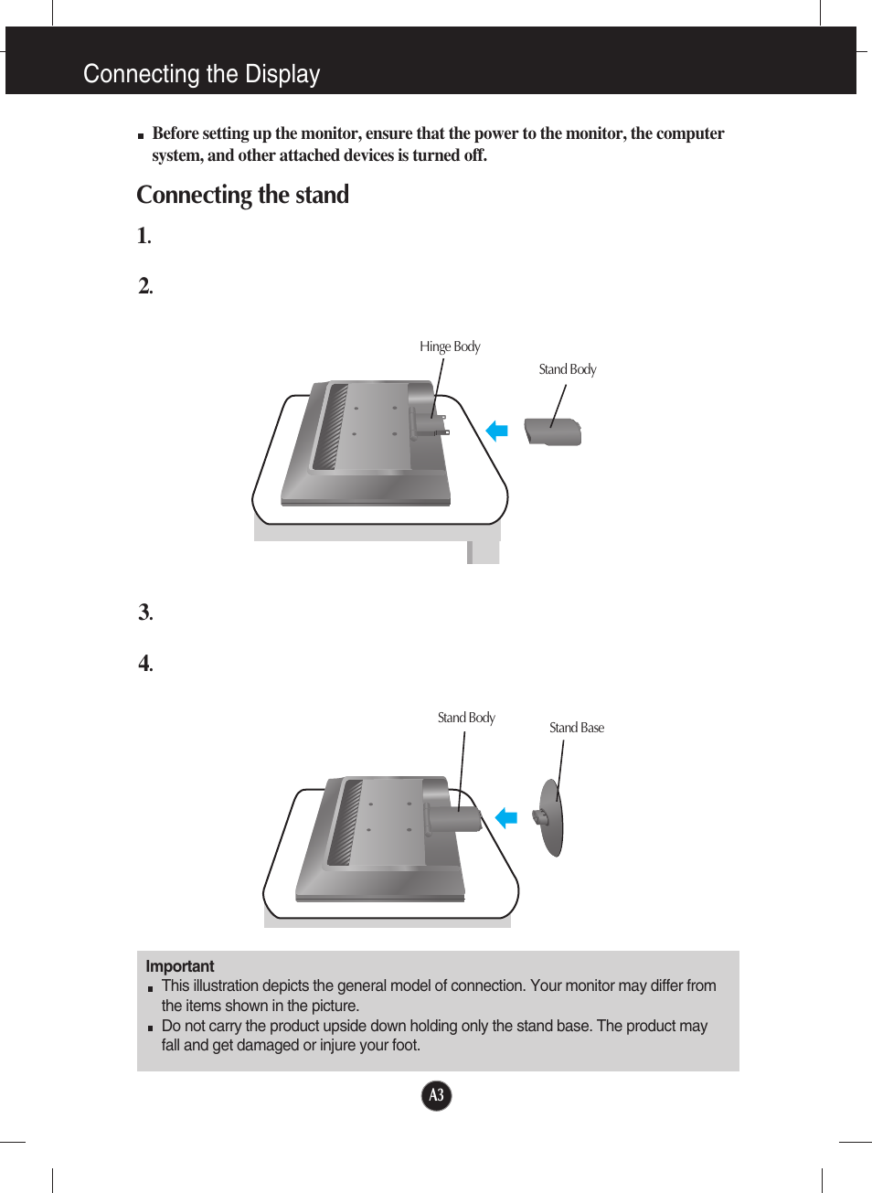 Connecting the display, Connecting the stand | LG W2234S-BN User Manual | Page 4 / 24