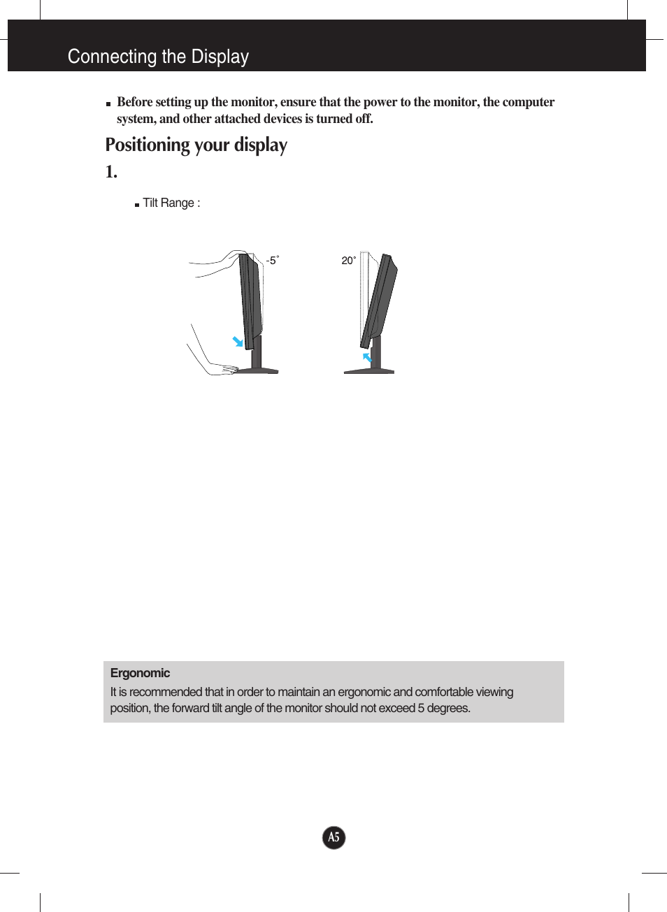 Positioning your display, Connecting the display | LG W2234S-BN User Manual | Page 6 / 24