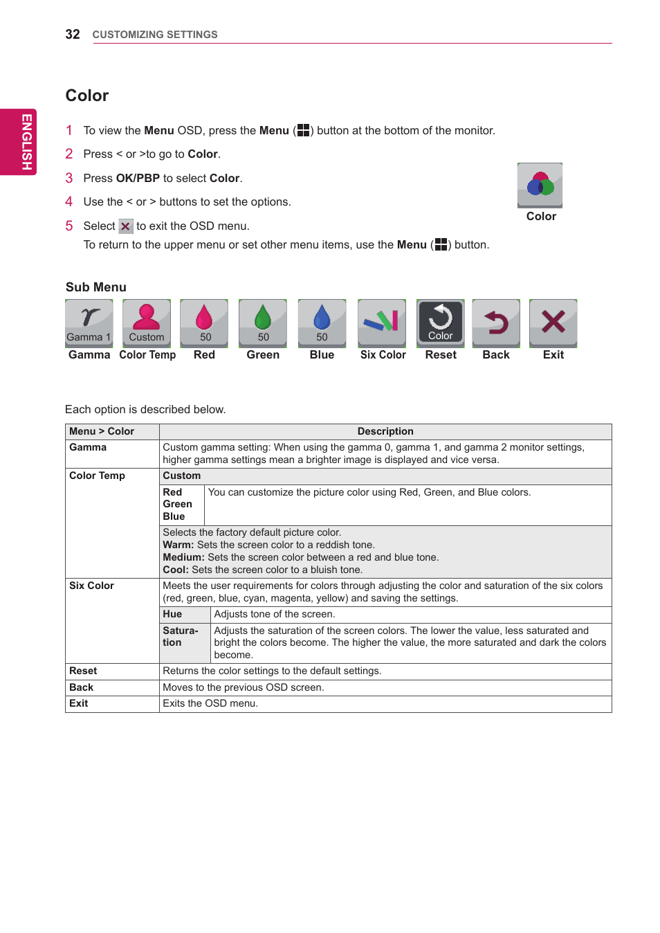 Color | LG 29EA73-P User Manual | Page 32 / 39