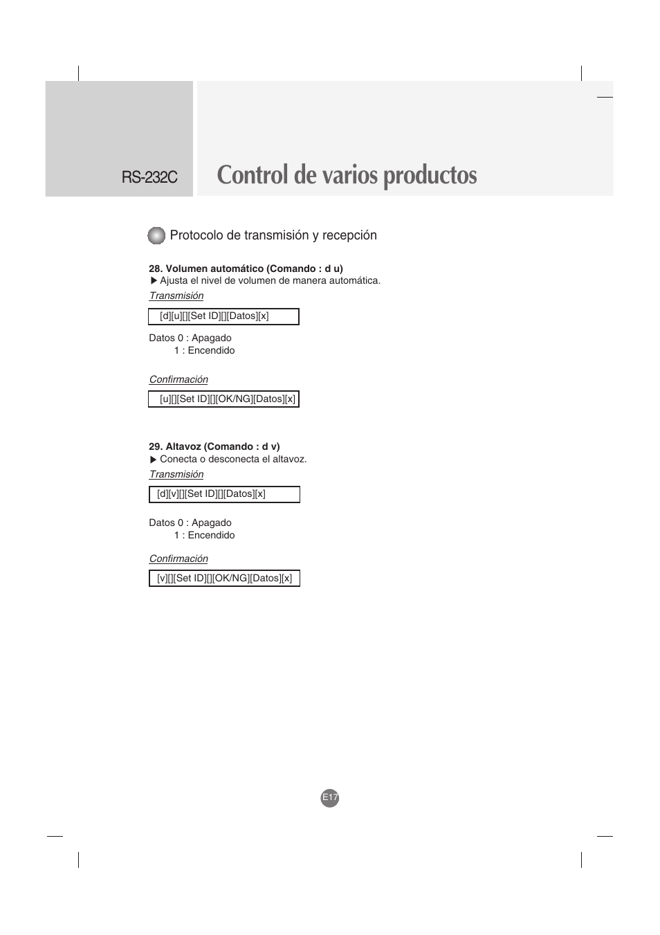 Control de varios productos, Rs-232c, Protocolo de transmisión y recepción | LG M4212C-BA User Manual | Page 57 / 67
