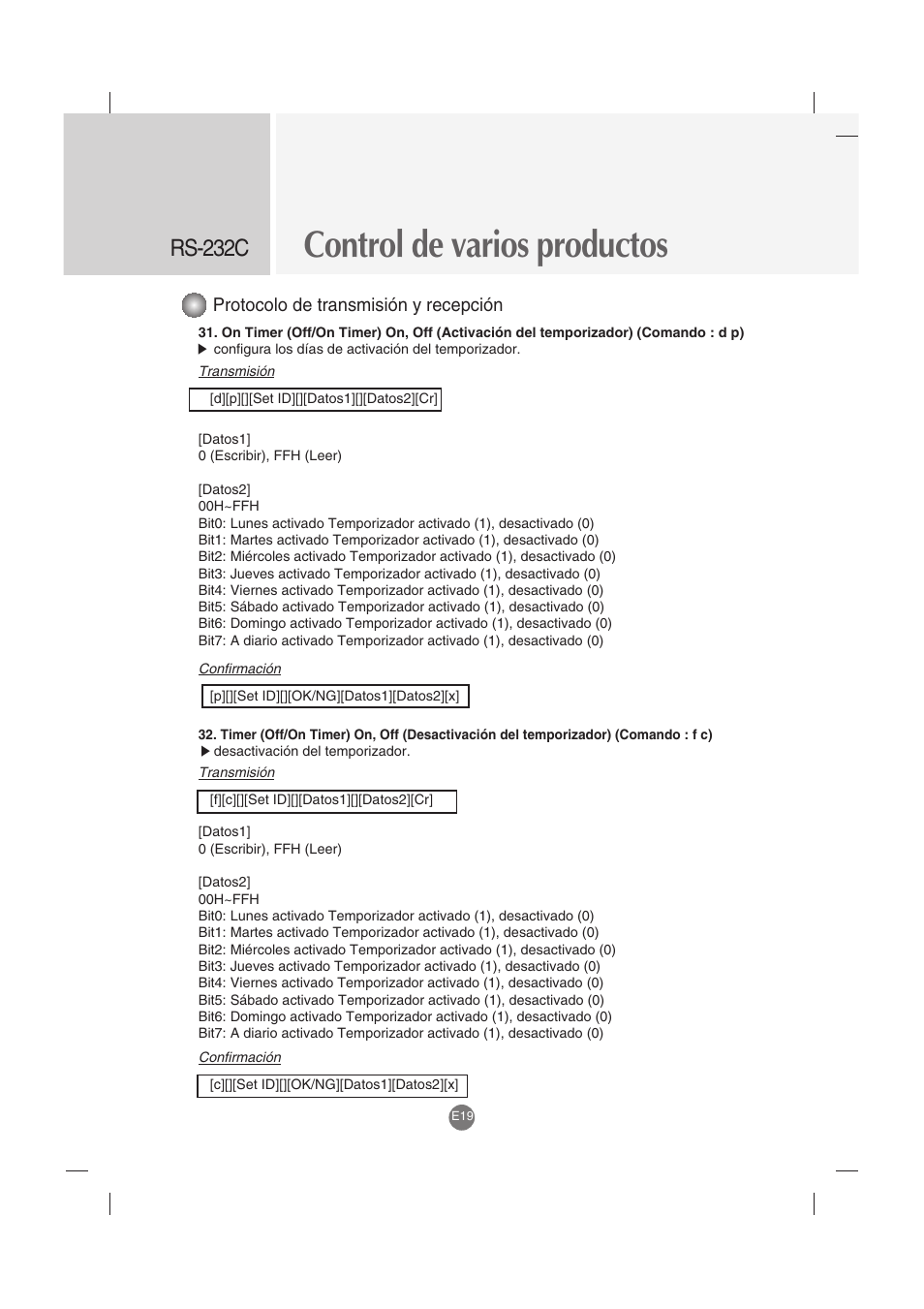 Control de varios productos, Rs-232c, Protocolo de transmisión y recepción | LG M4212C-BA User Manual | Page 59 / 67