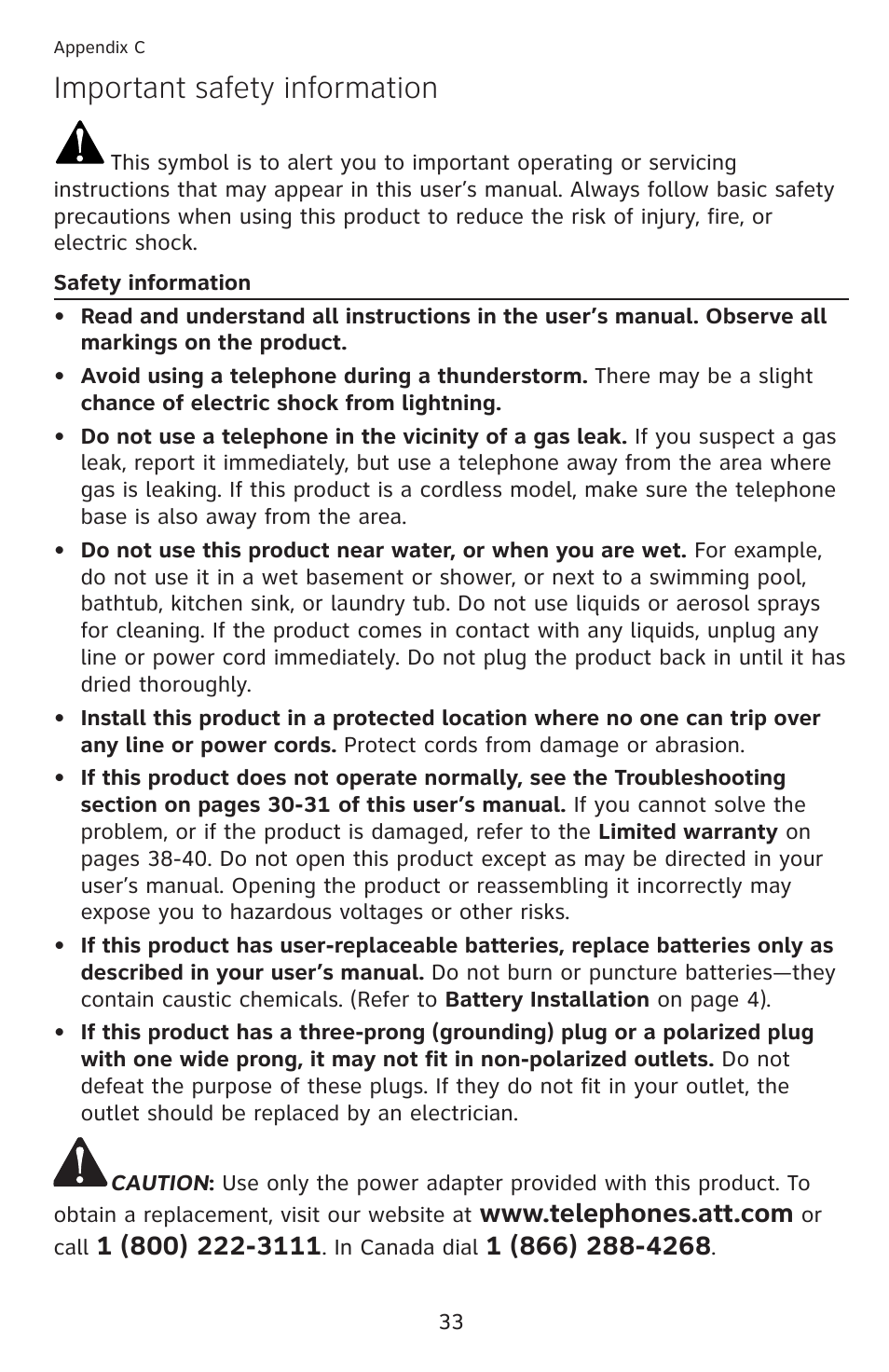 Important safety information | AT&T CL2909 User Manual | Page 39 / 49