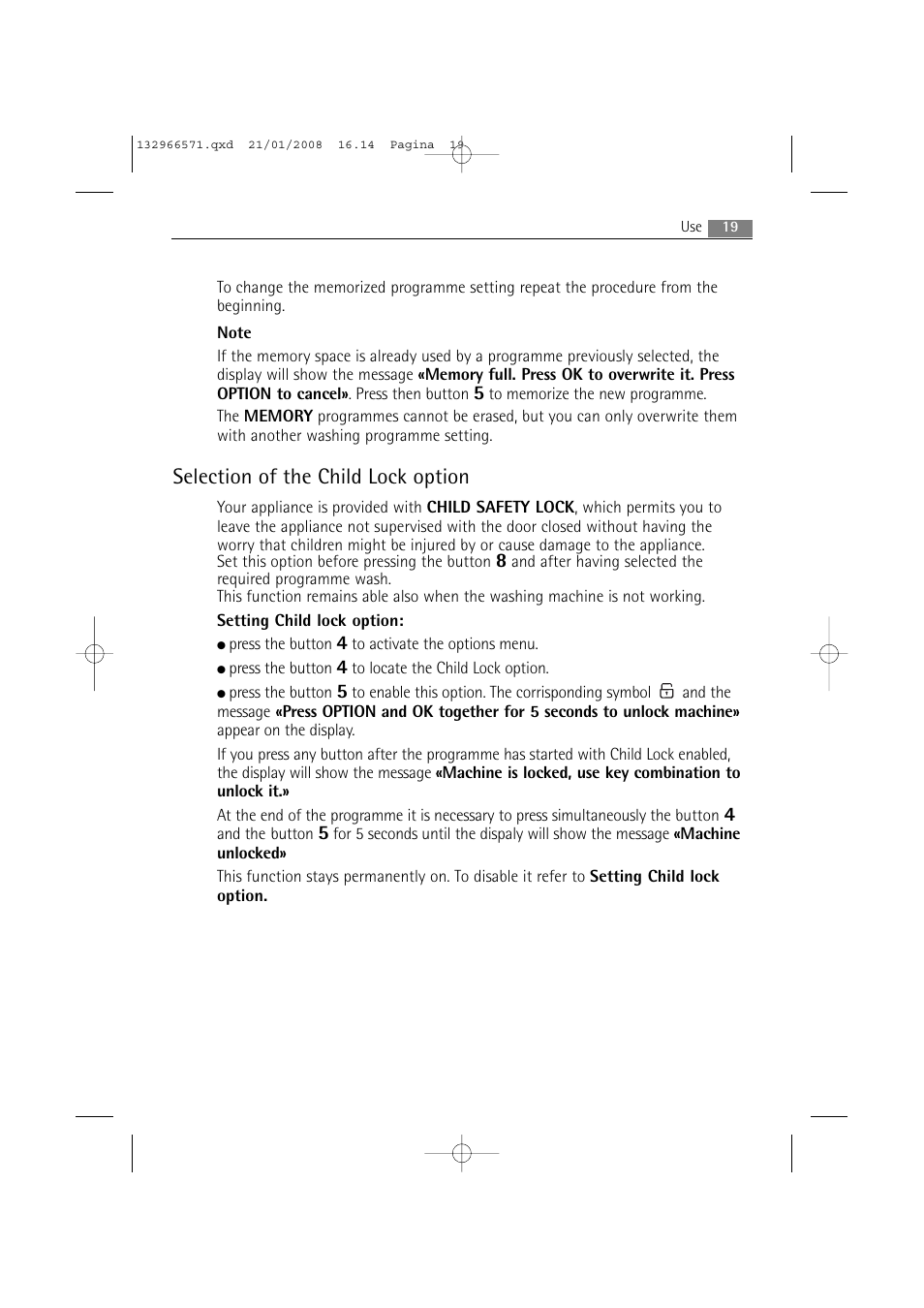 Selection Of The Child Lock Option Aeg Lavamat 86850 User Manual Page 19 52