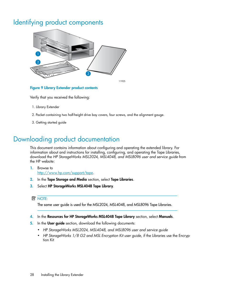 Identifying product components, Downloading product documentation, 28  downloading product documentation | HP StoreEver MSL Tape Libraries User  Manual | Page 28 / 96
